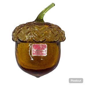 Vintage Viking Glass Acorn Amber Brown MCM Green paperweight RARE Original Label
